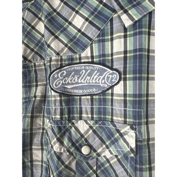 Ecko Unltd Mens XL Blue Plaid Short Sleeve Pearl‎ Snap Western Button Up Patches - Picture 3 of 14